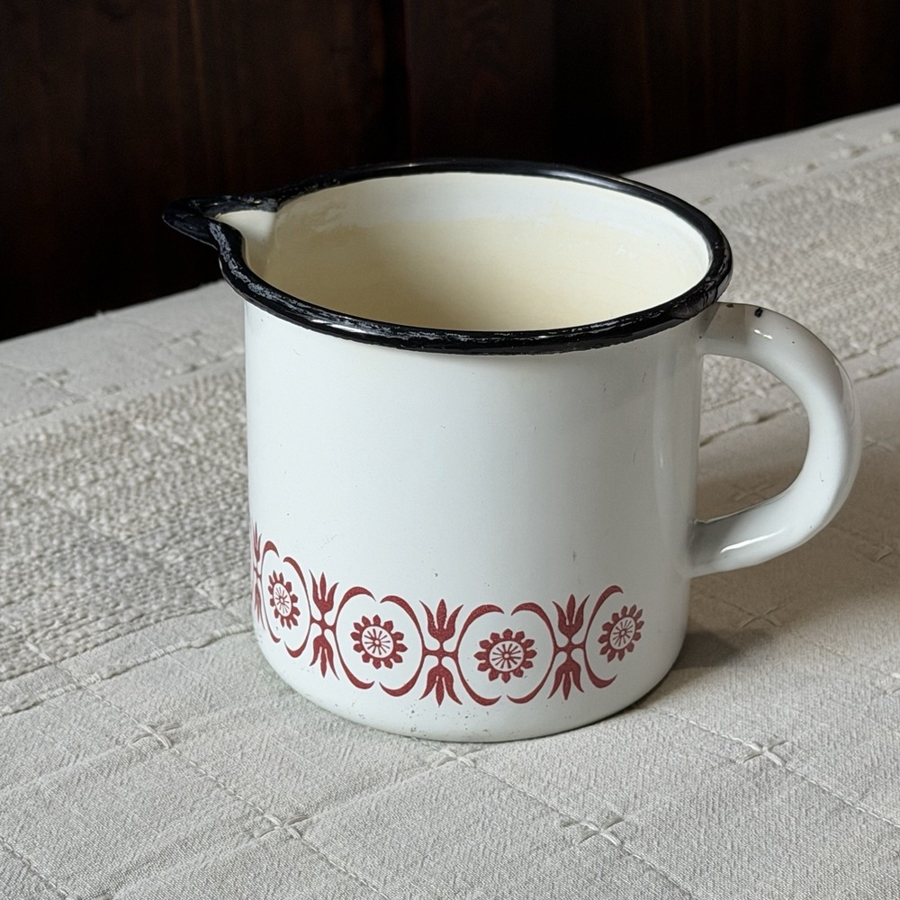 Rare Enamel Milk/Tea Pot Vintage Cream Kitchenware Collectible Red & White
